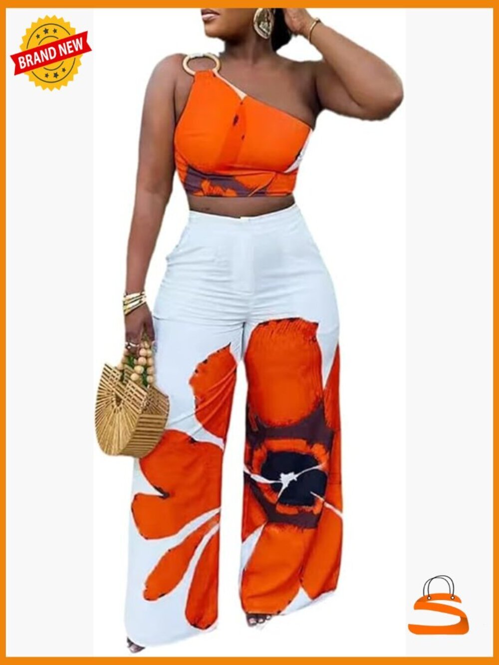 Two Piece Outfit One Shoulder Crop Top Wide Leg Palazzo Pants Set
